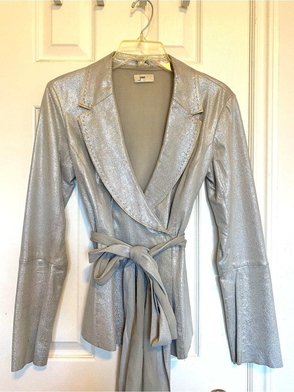 Leather Metallic Silver Tie-Waist Blazer Jacket